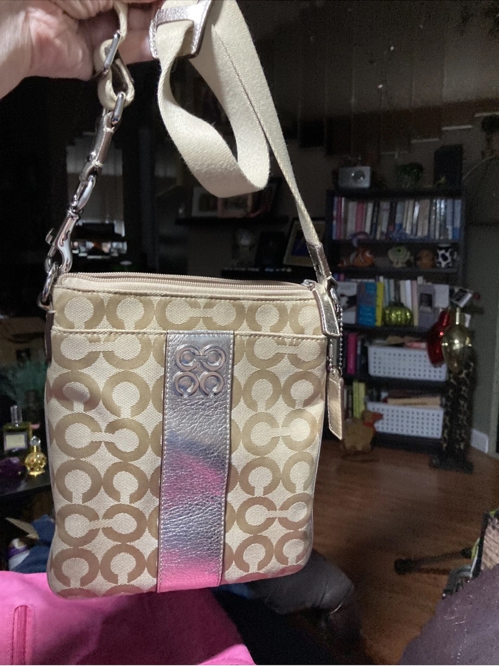 Coach Beige Signature Julia C Crossbody Bag with Metallic Silver Stripe 9”x8”.